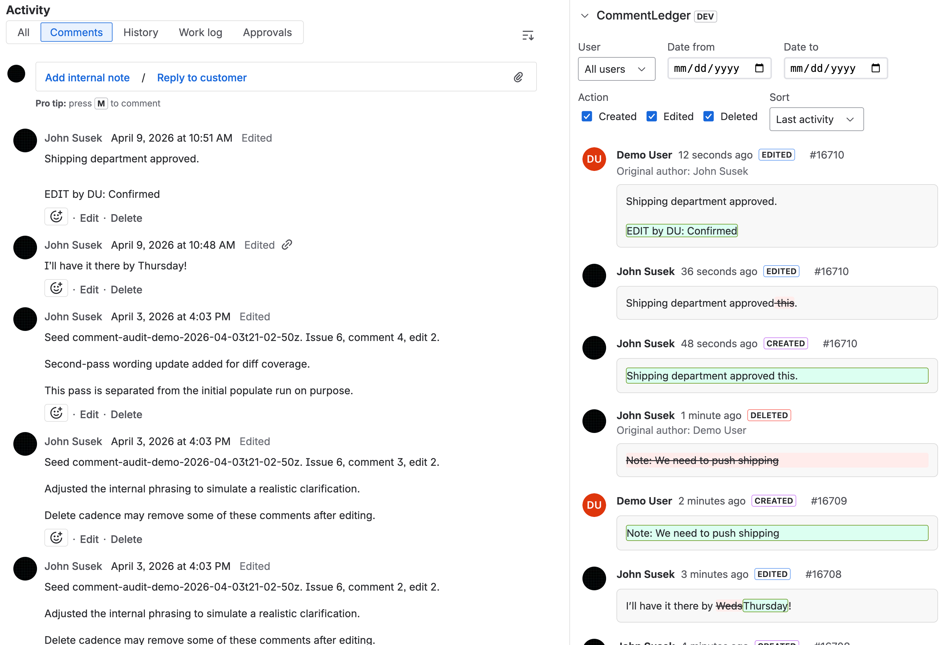 Issue panel with diffs