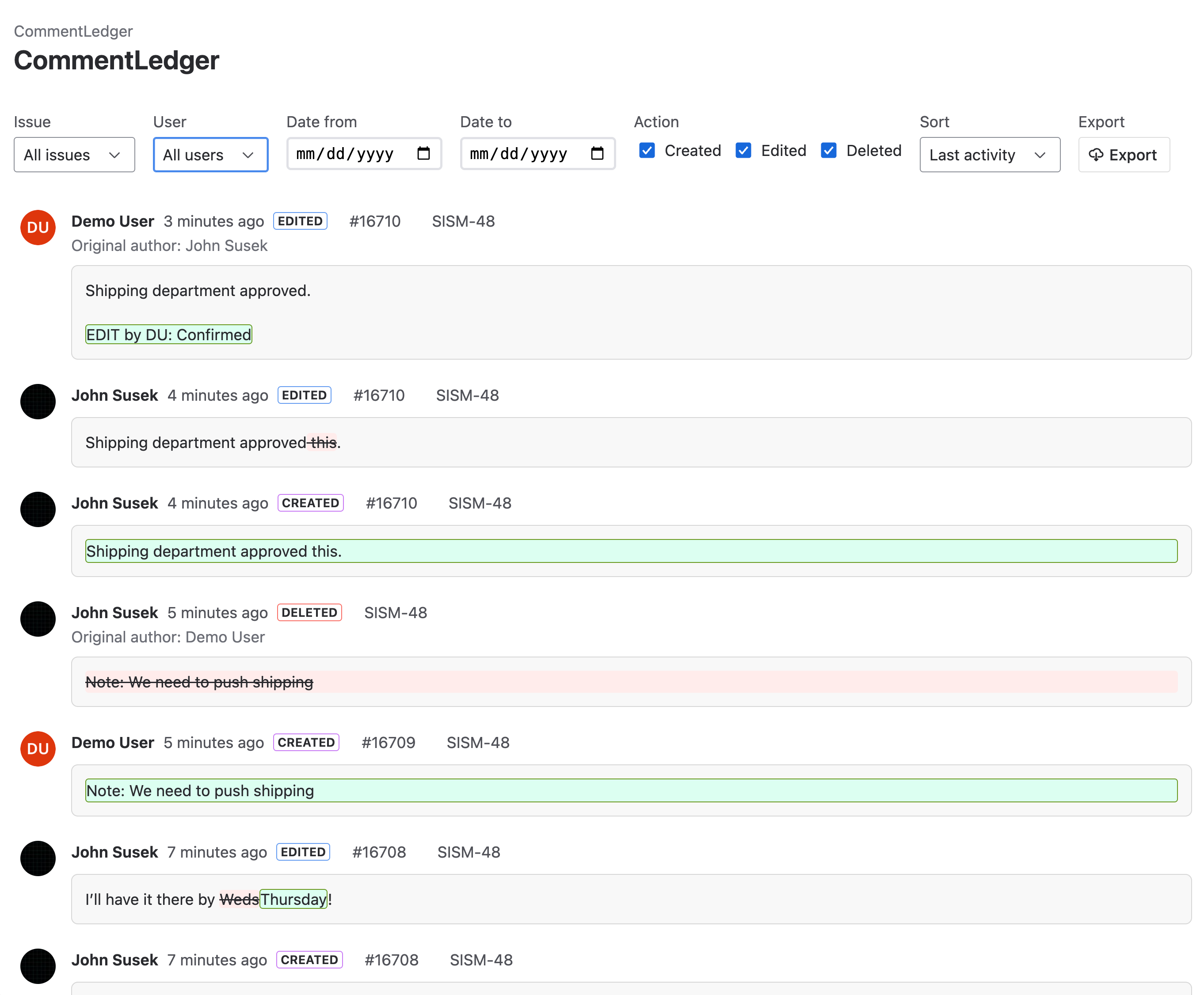 Global Comment Audit Log